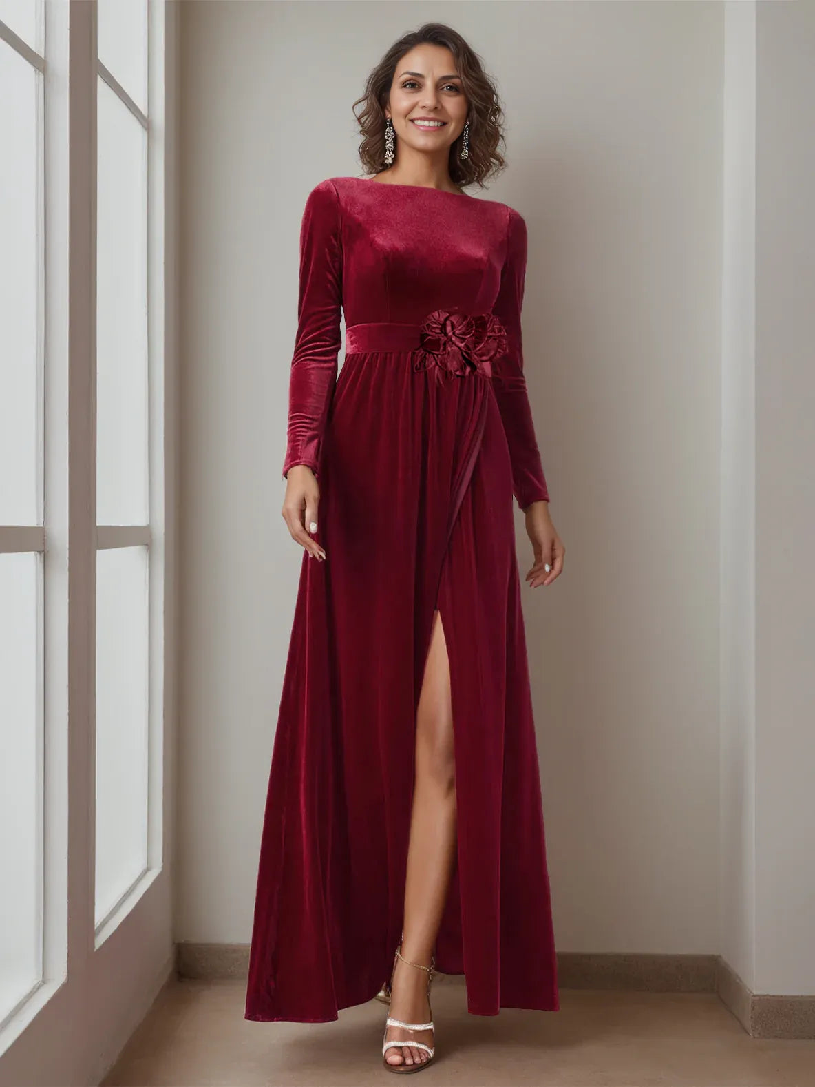 Formal Women's Dresses A-Line/Princess Scoop Neck Long Sleeves Floor-Length Mother of the Bride Dresses with Ruffles Prom Dresses Stores